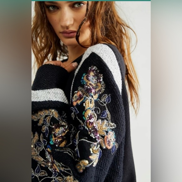 Free‎ People Better Together Black Sequin Top XS Embellished Long Sleeves - Picture 4 of 8